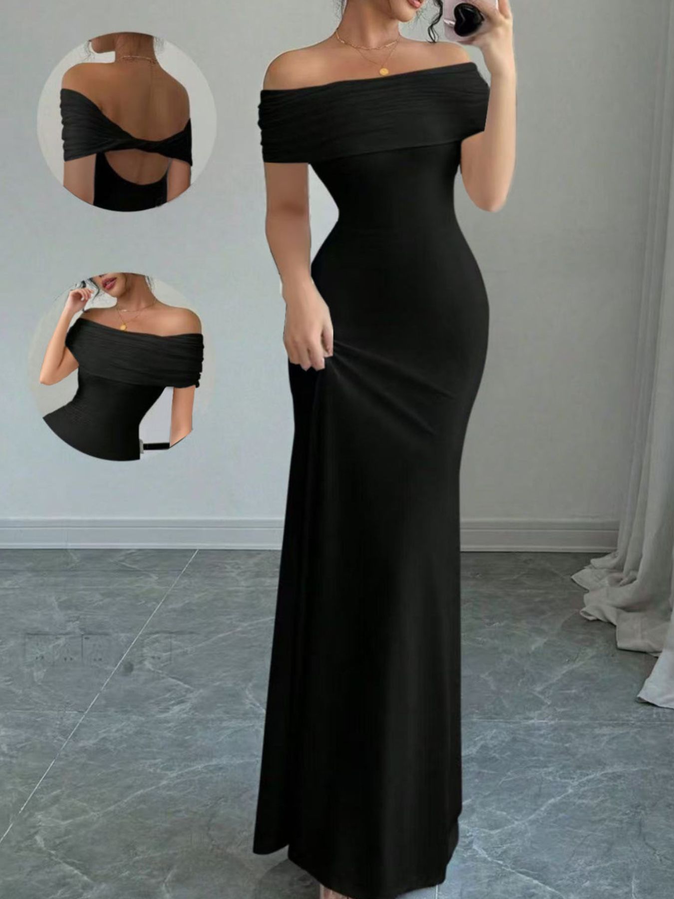 Model in full length mirror selfie wearing black off shoulder bodycon maxi dress with back detail insets