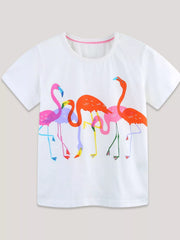 Front view of the white children's t-shirt with colorful flamingo print and pink neckline trim