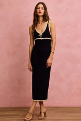Black and oatmeal sleeveless knit sweater maxi dress in full front view