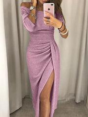 Light pink shimmering off shoulder ruched midi dress with thigh slit in a mirror selfie