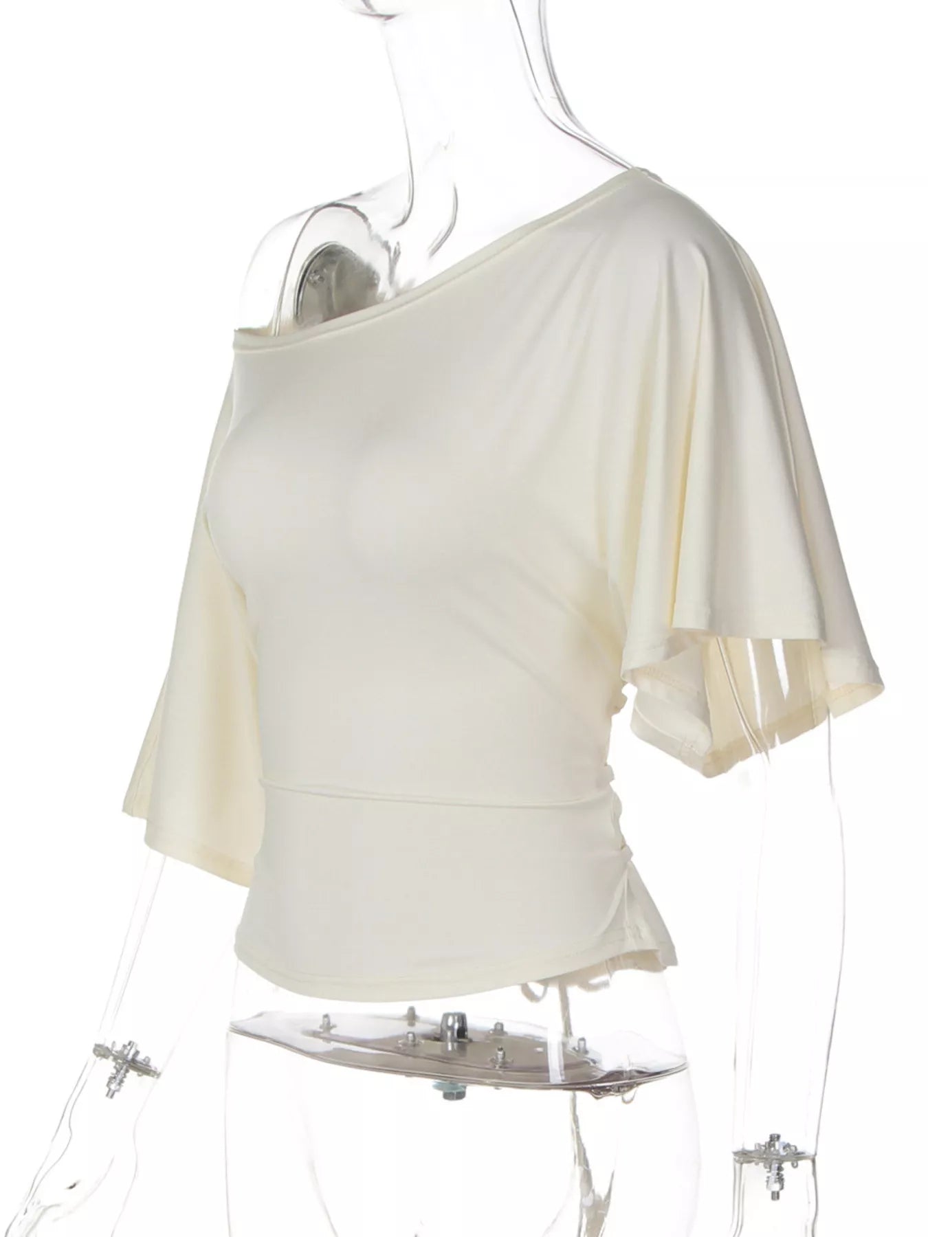 Ivory boat-neck short-sleeve T-shirt displayed on a transparent mannequin.