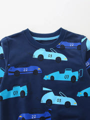 Close-up of the navy sweatshirt neckline with light blue trim and racing car print