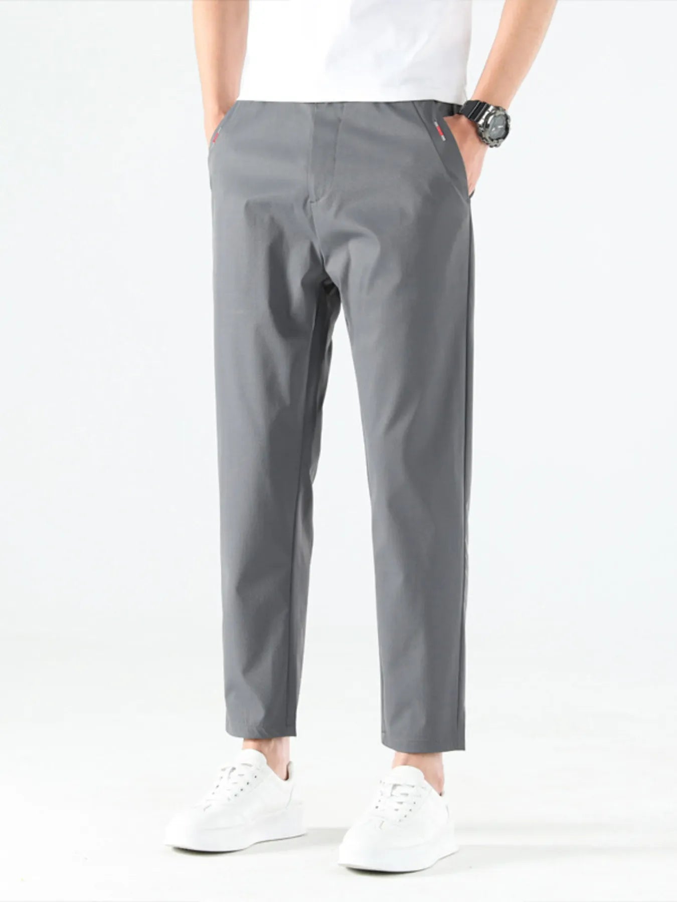 Men's straight leg casual pants with pockets, product detail view.