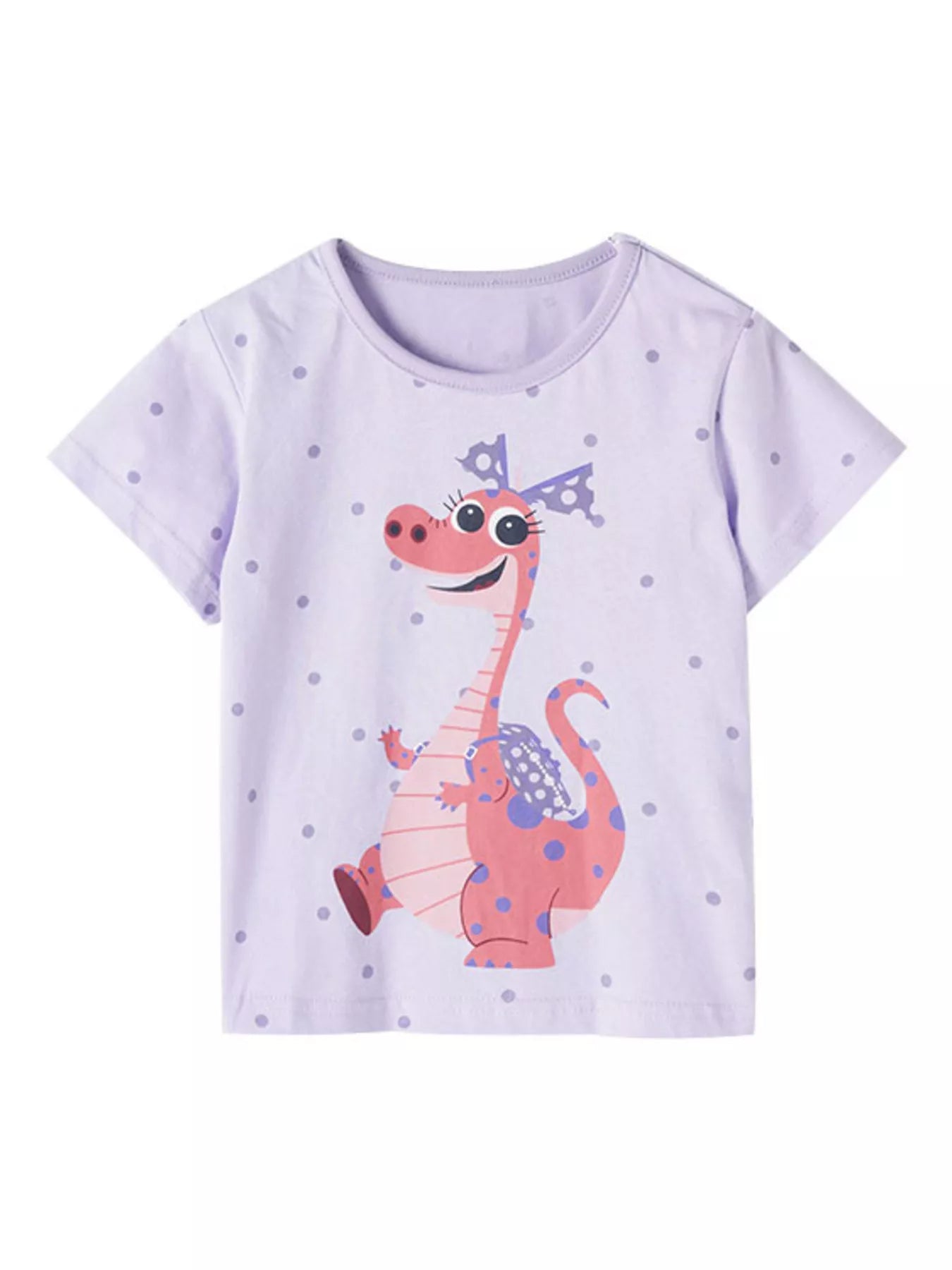 Front view of a lavender children's short sleeve t shirt with a pink spotted dinosaur and polka dots