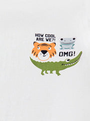 Close-up of the cartoon tiger, frog and crocodile graphic on a white children's short sleeve tee