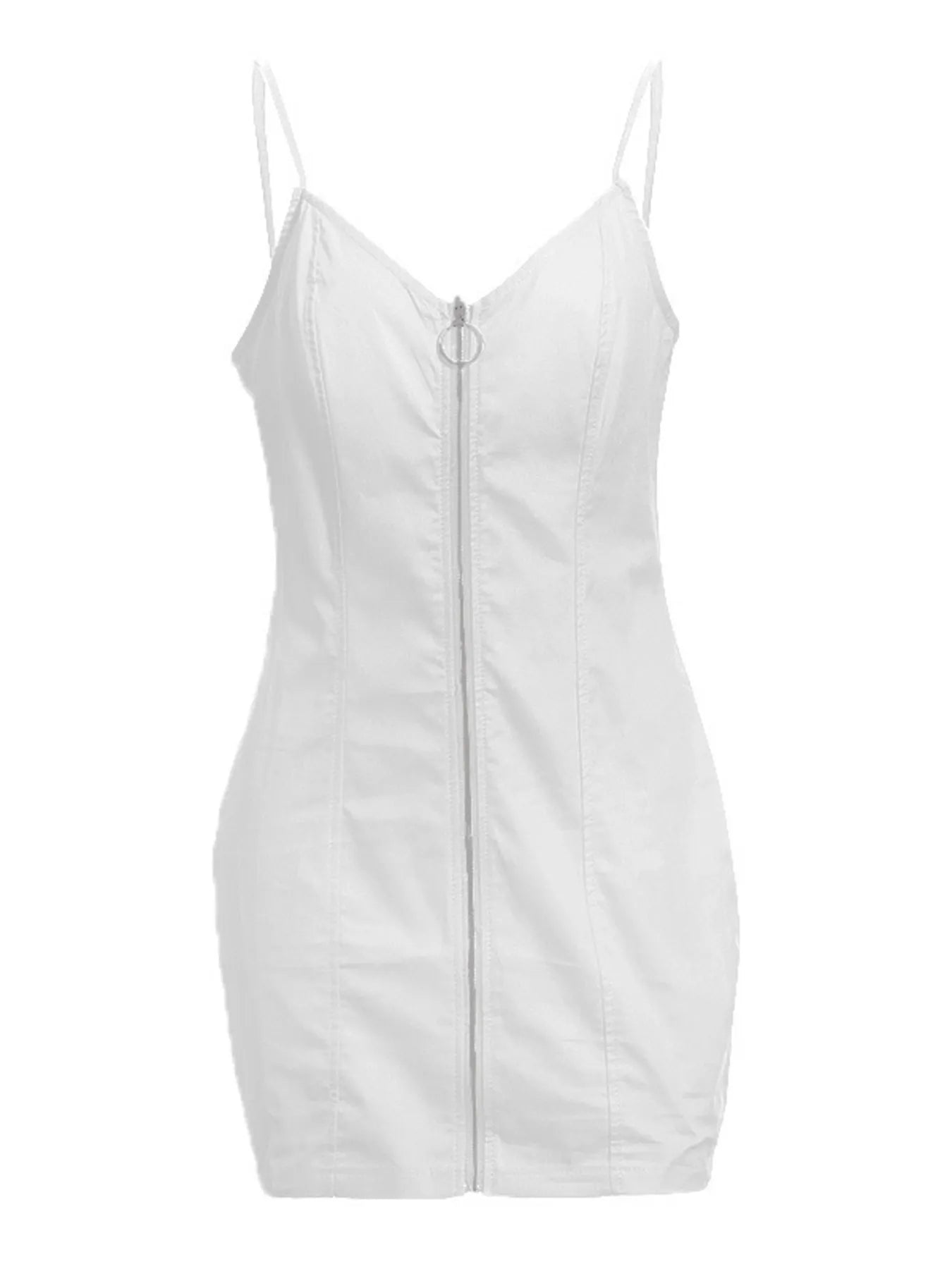 White zip front bodycon mini dress laid flat, front view with V neckline and ring zip pull
