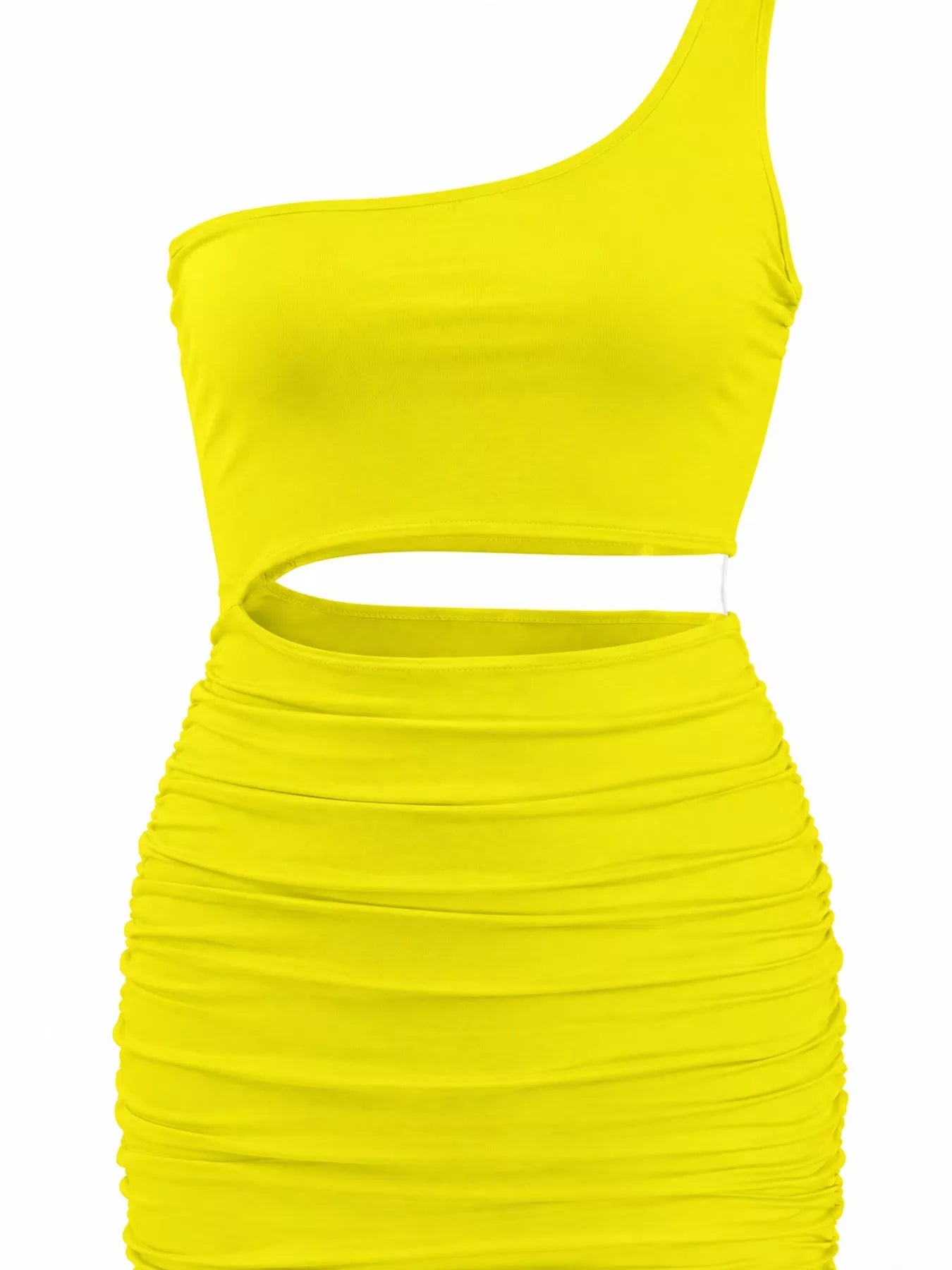 Yellow one shoulder cutout ruched bodycon mini dress shown in a close front torso view highlighting the waist cutout