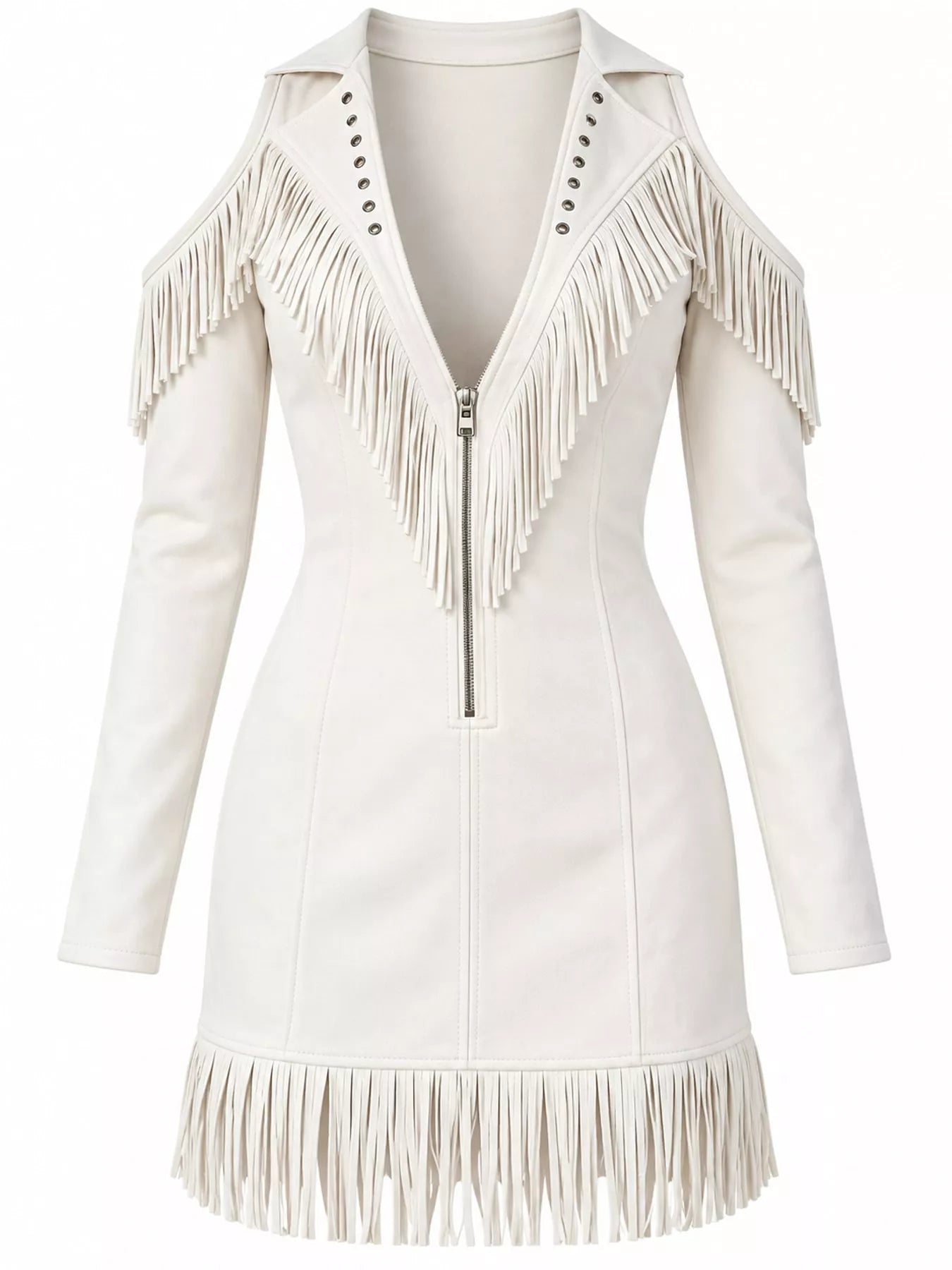 Front flat view of white fringed cold shoulder mini dress with fringed hem