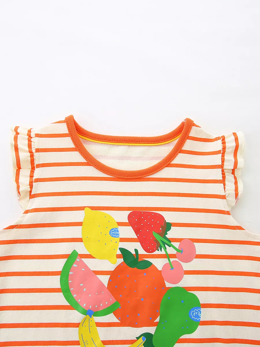 Close front view of a striped children's ruffle top with bright fruit illustrations and orange trim