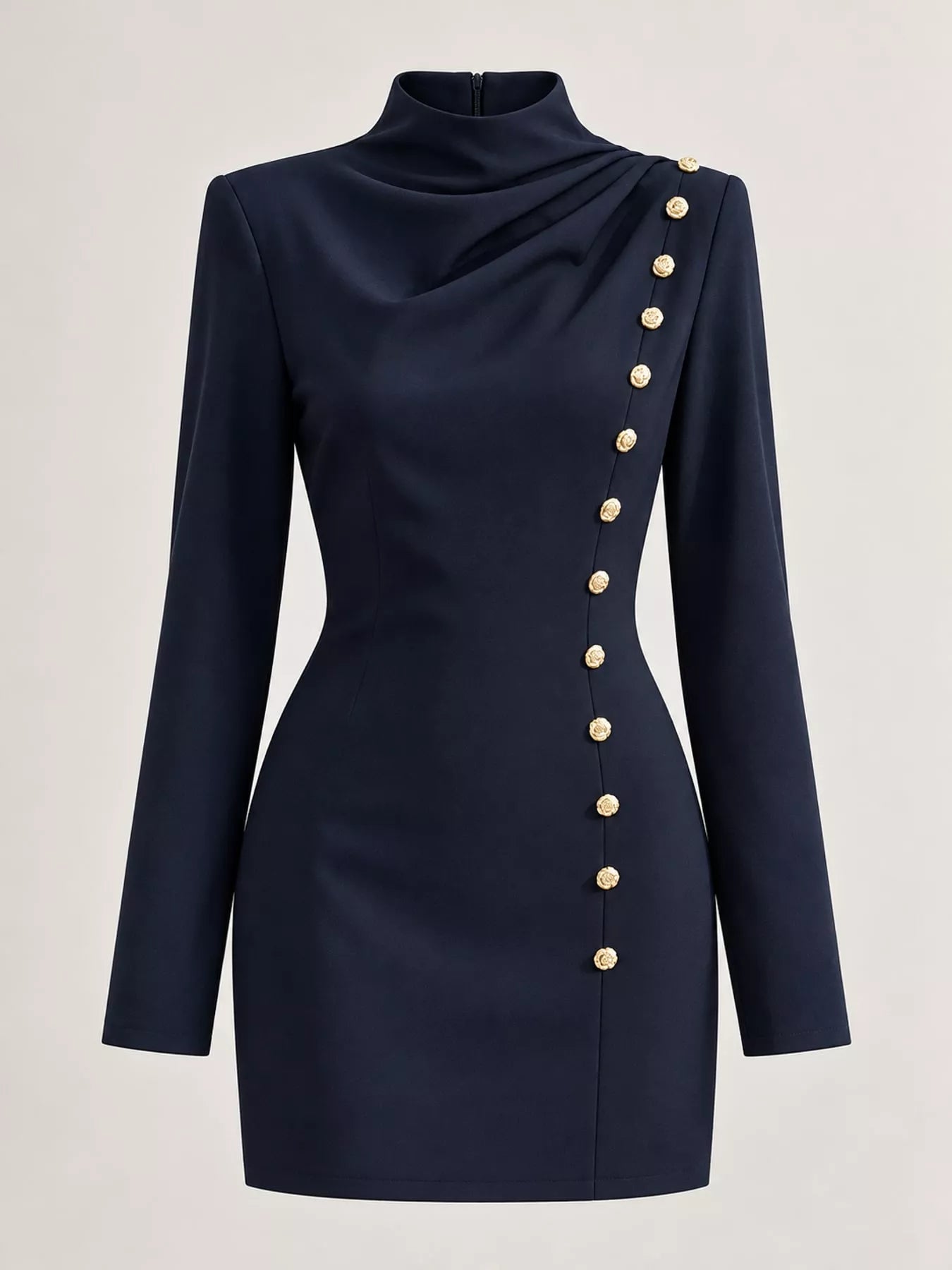 Ghost mannequin front view of navy mock neck mini dress with gold decorative buttons and long sleeves