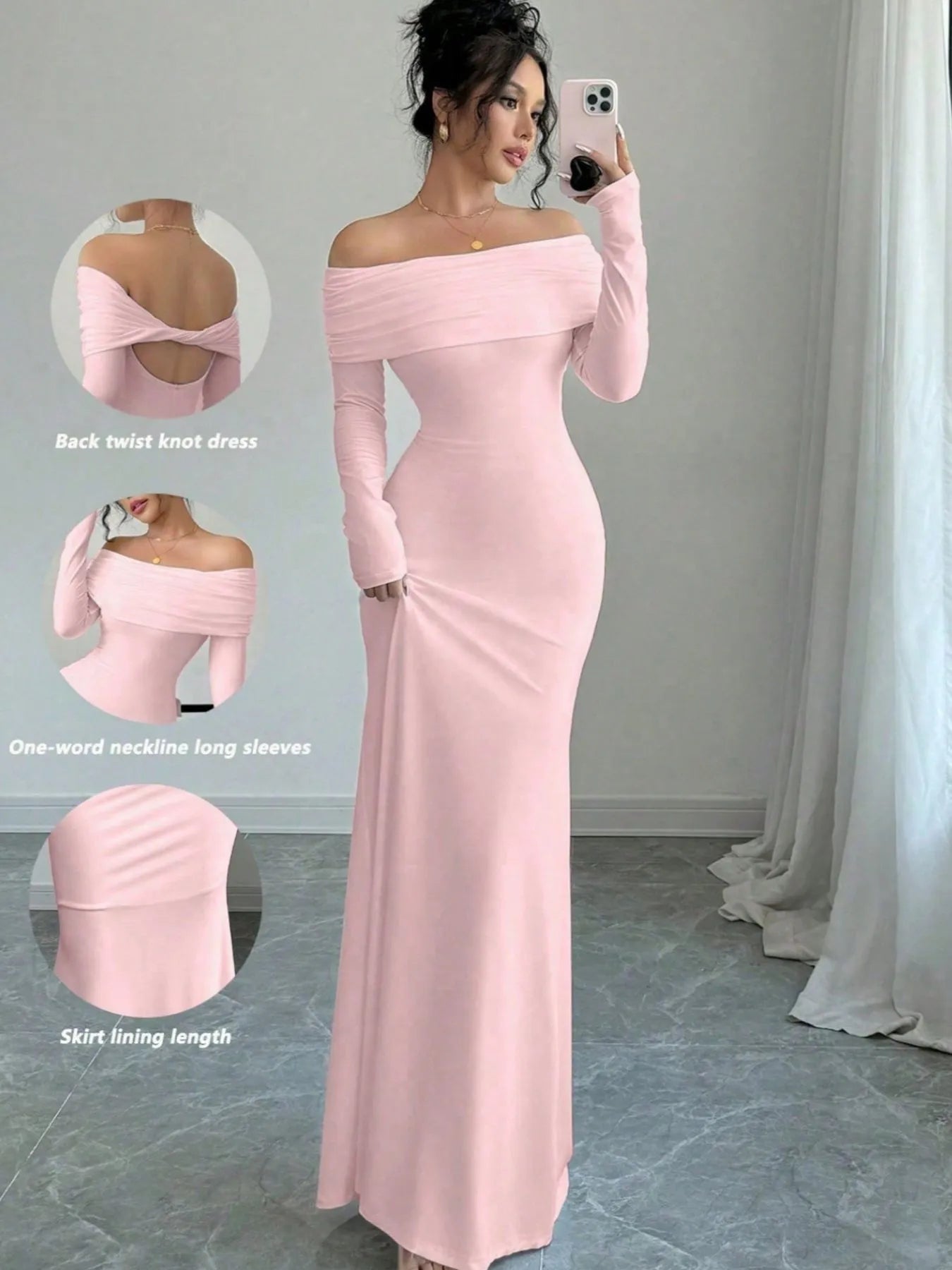 Full front mirror view of pink off shoulder bodycon maxi dress with back and skirt detail insets