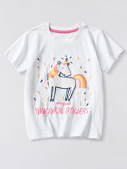 Flat front view of a white children's tee with a rainbow unicorn graphic and pink lettering below