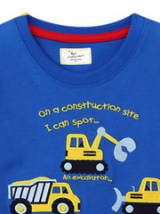 Close view of the crew neckline and excavator graphic on a blue children's t shirt
