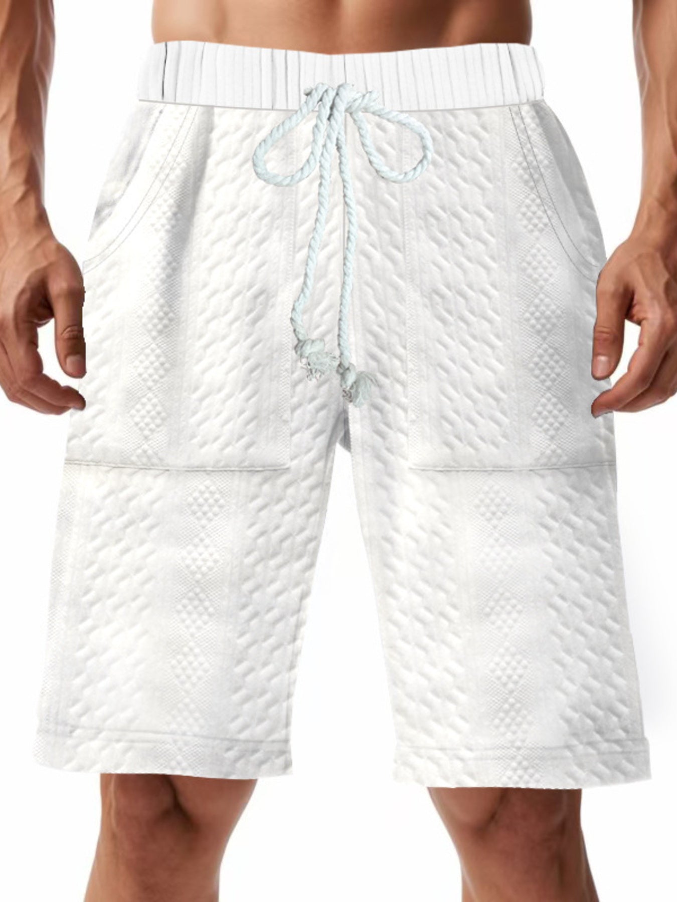 Men's white textured shorts with a drawstring waist and pockets.