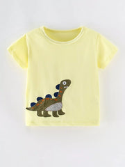 Front view of a light yellow children's short sleeve shirt with a green dinosaur applique near the hem