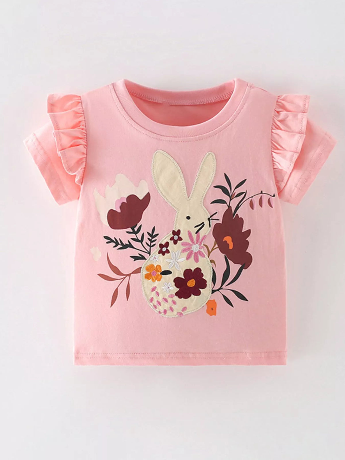 Blush pink children's ruffle sleeve t-shirt with cream bunny and floral applique, front view