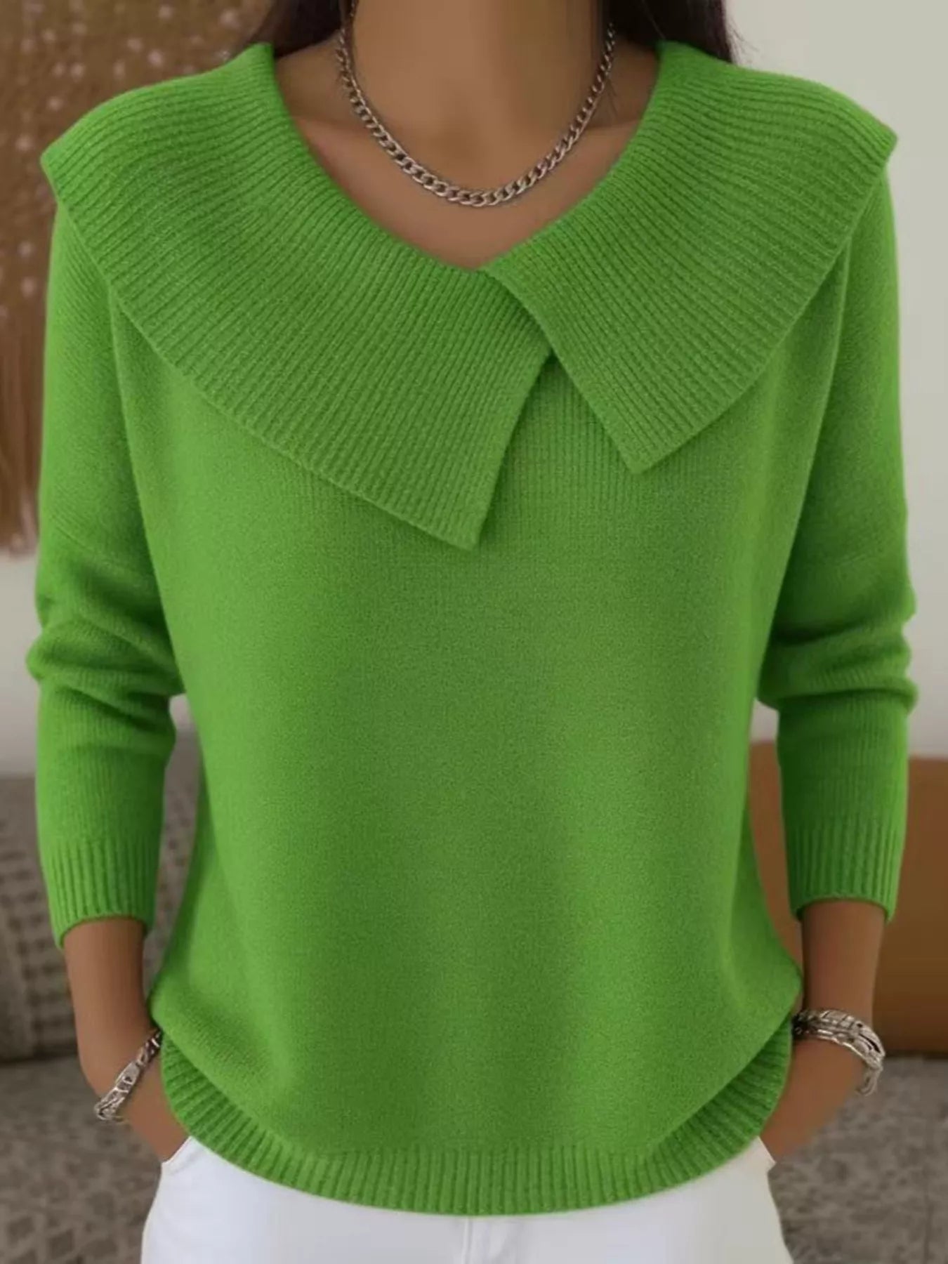 Bright green wide collar ribbed knit sweater with overlapping collar and long sleeves, front view