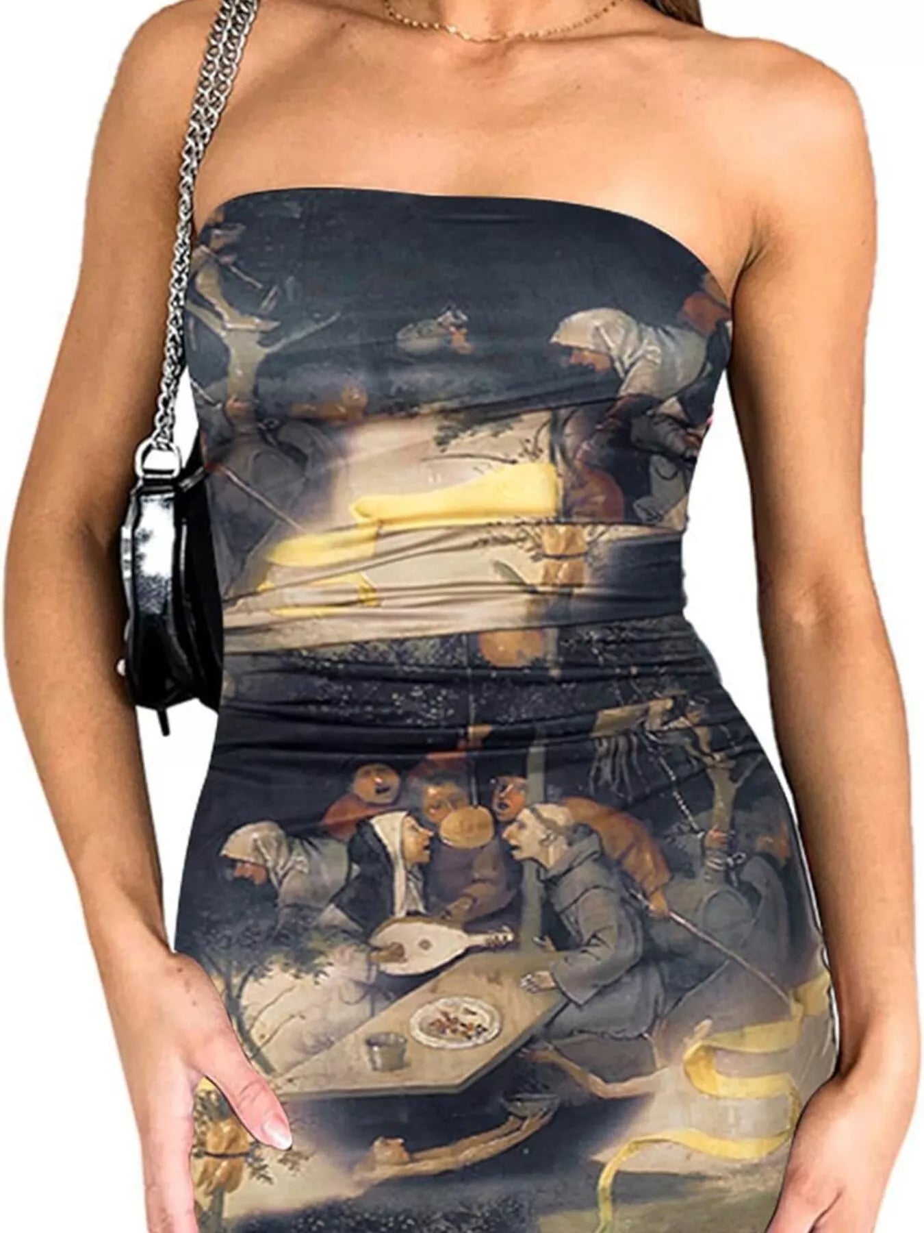 Close front view of a strapless dark brown artistic print bodycon mini dress