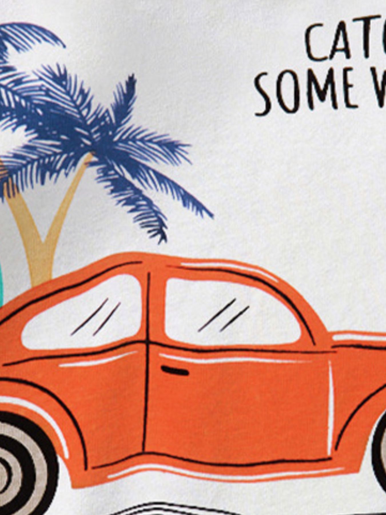 Close-up print detail showing the orange car and blue palm tree on white children's T-shirt