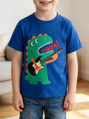 Worn front view of royal blue children's t-shirt with green guitar playing dinosaur