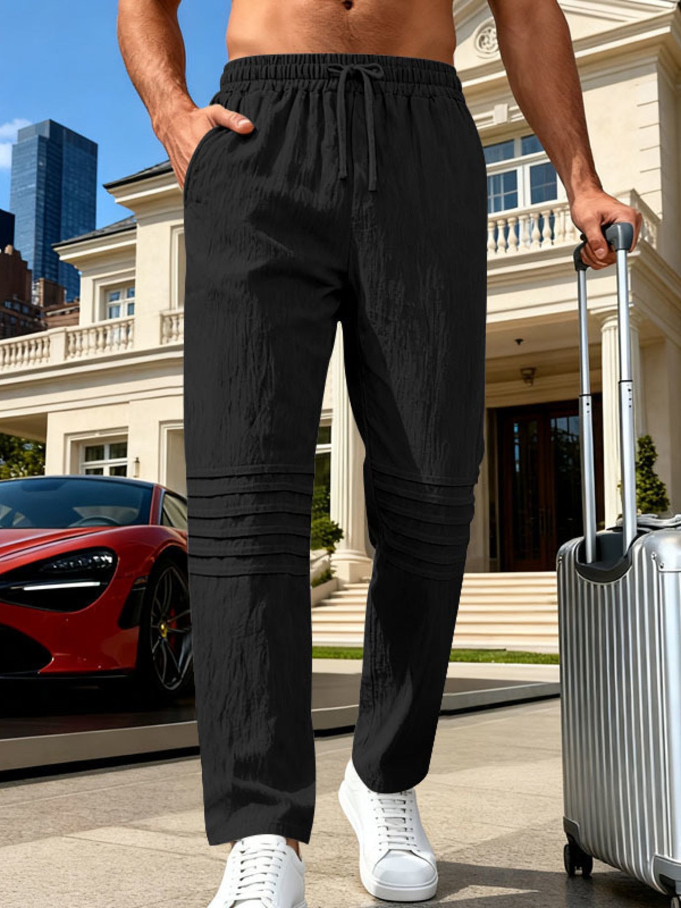 Men's casual drawstring pants with pockets.