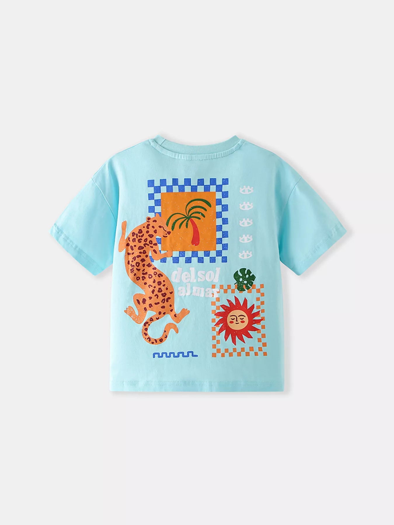 Back view of a mint blue children's T-shirt with a large leopard, palm tree and sun graphic