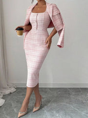 Pink tweed square neck dress worn with the cropped cardigan draped over the shoulders