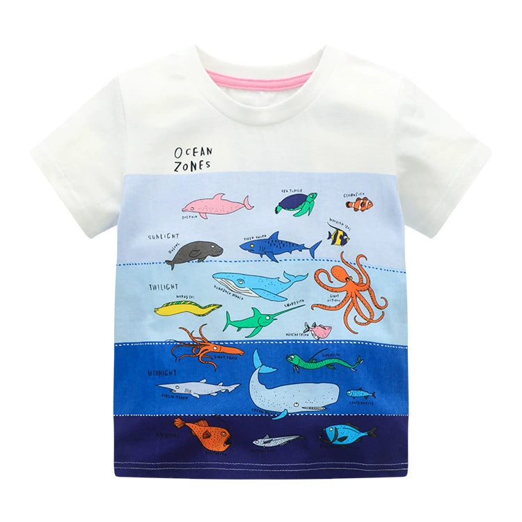 Flat front view of a white children's t-shirt with a full ocean zones sea creature chart
