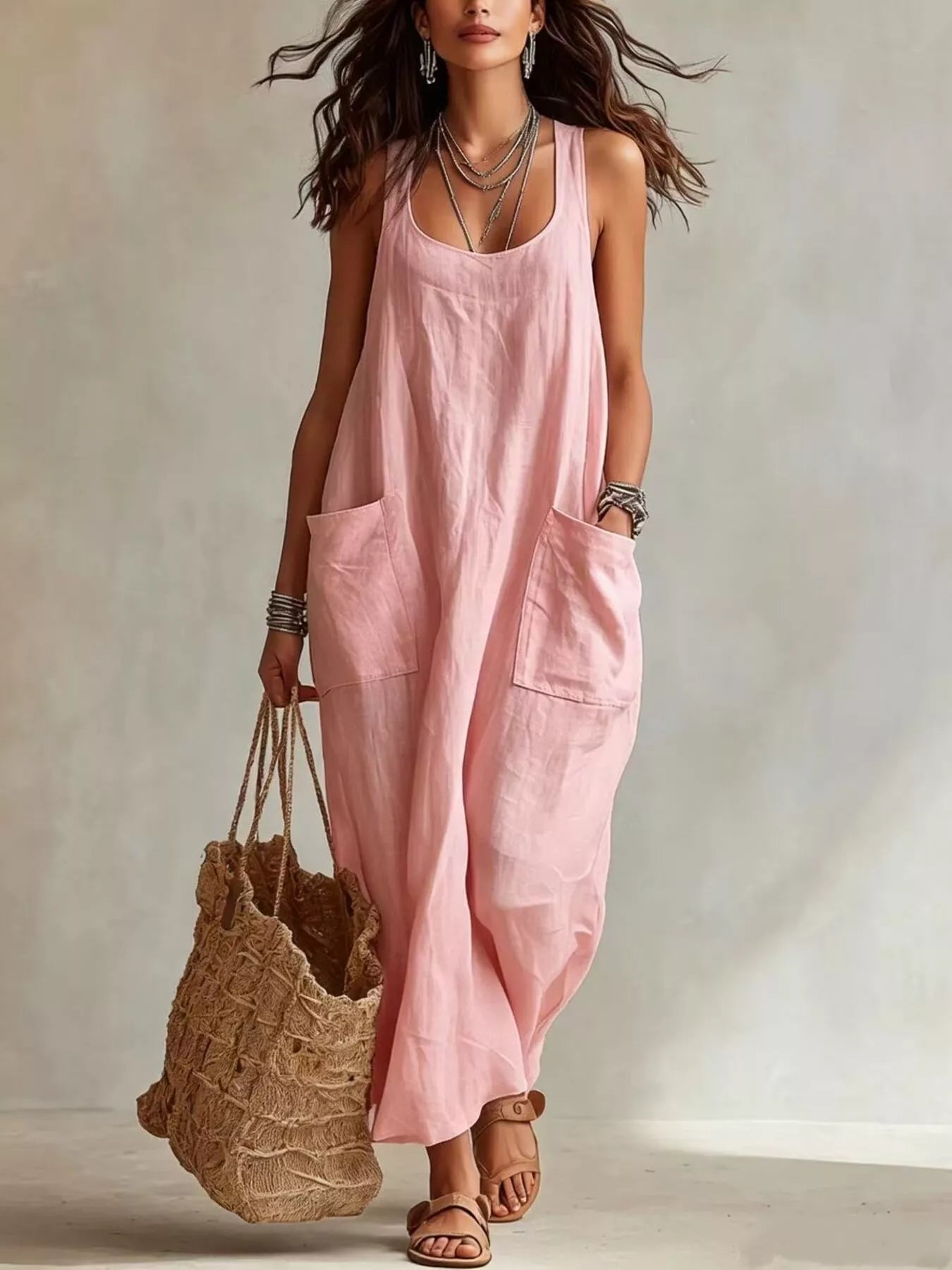 Model wearing pink sleeveless scoop neck maxi dress, full view with large front pockets