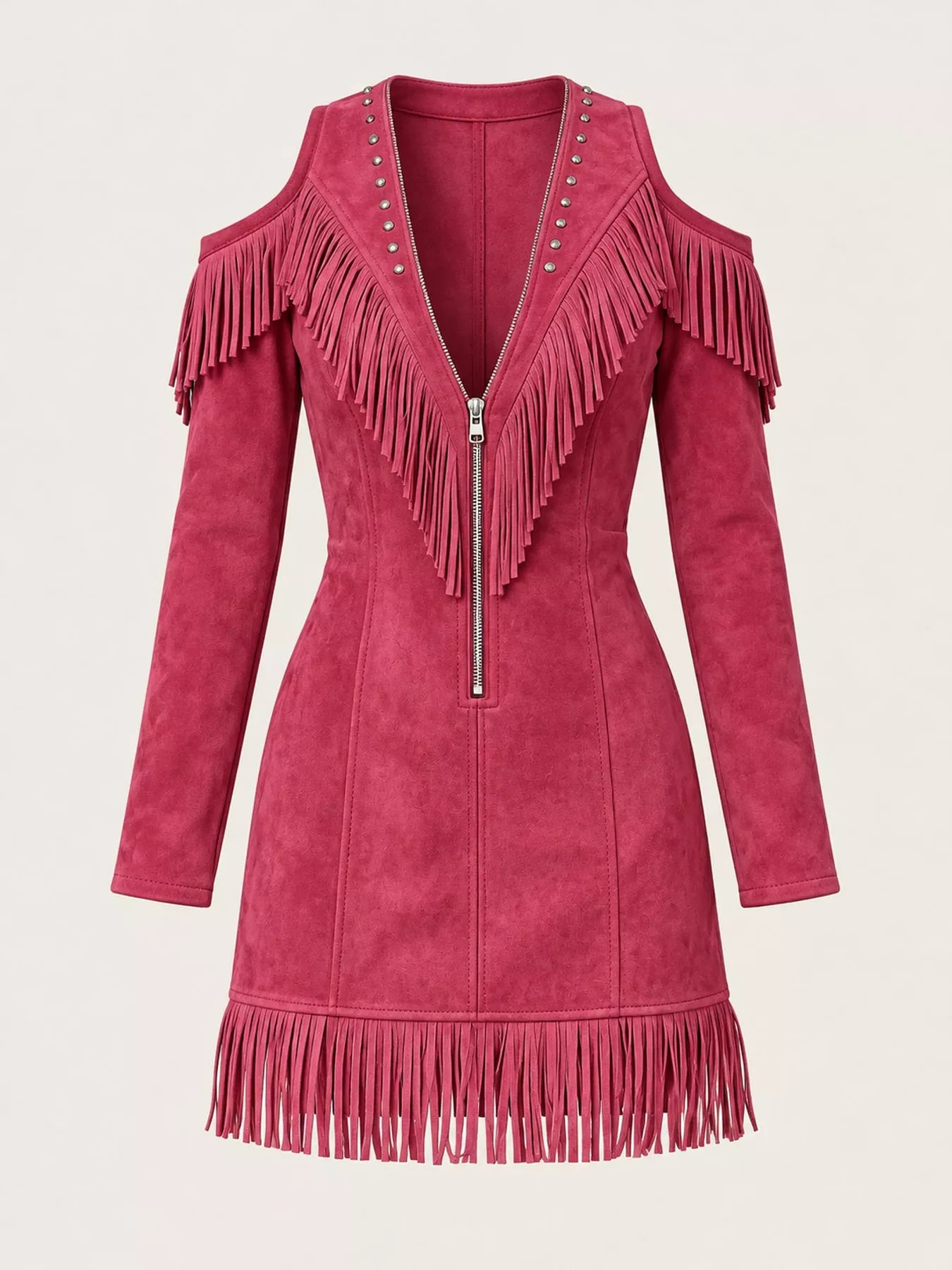 Hot pink fringed cold shoulder mini dress laid flat showing zip front and fringe