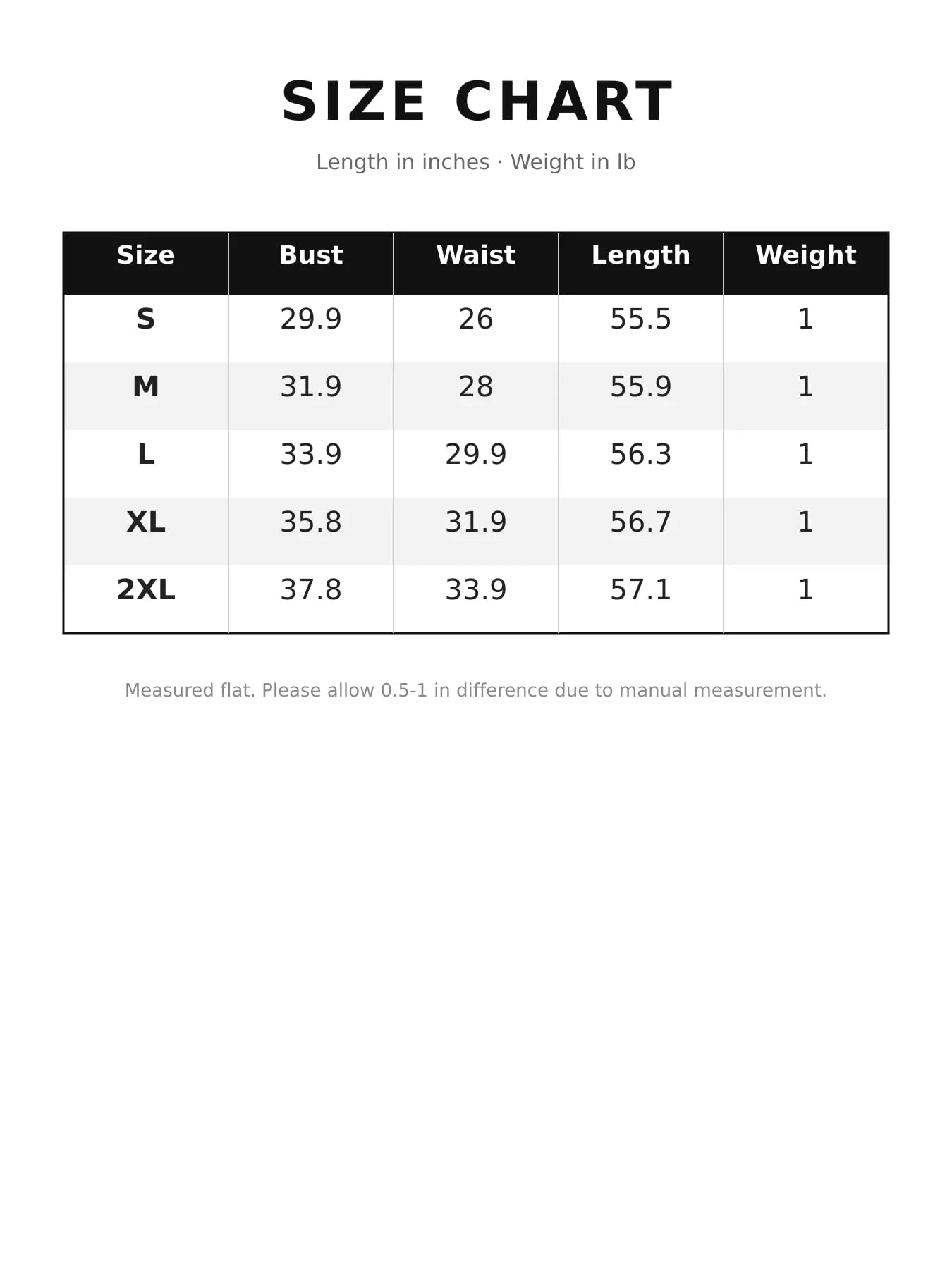Size chart for the one shoulder ruched sequin evening dress showing bust waist length and weight