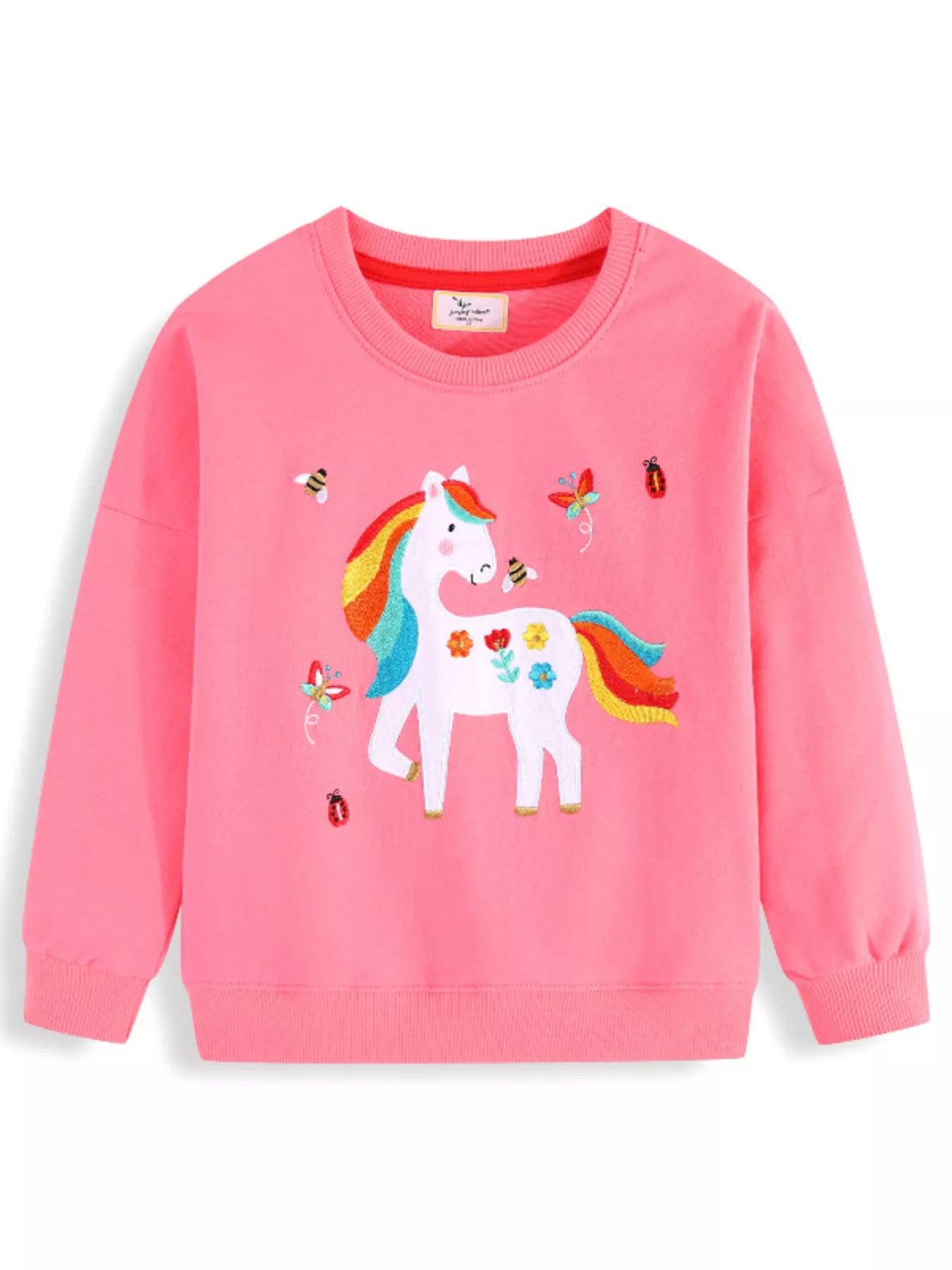 Front view of a pink children's sweatshirt with a white unicorn and embroidered bees butterflies and ladybugs
