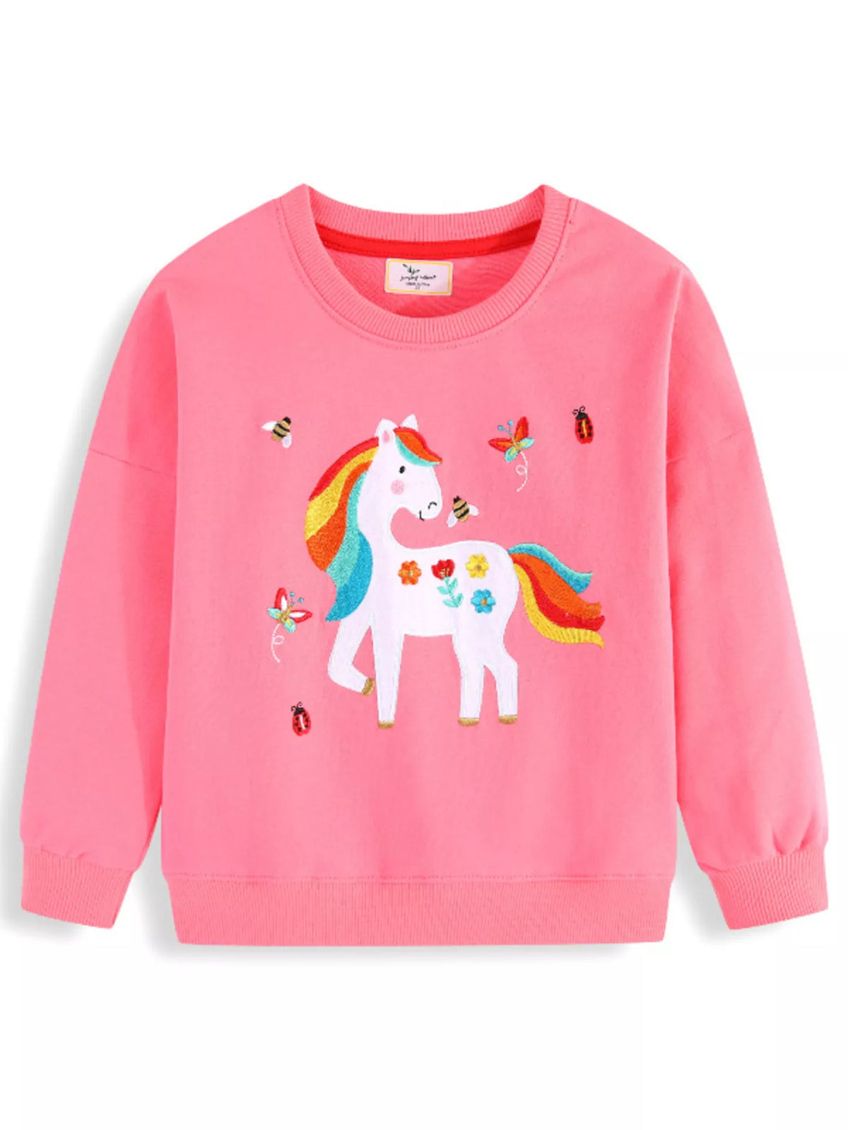 Front view of a pink children's sweatshirt with a white unicorn and embroidered bees butterflies and ladybugs