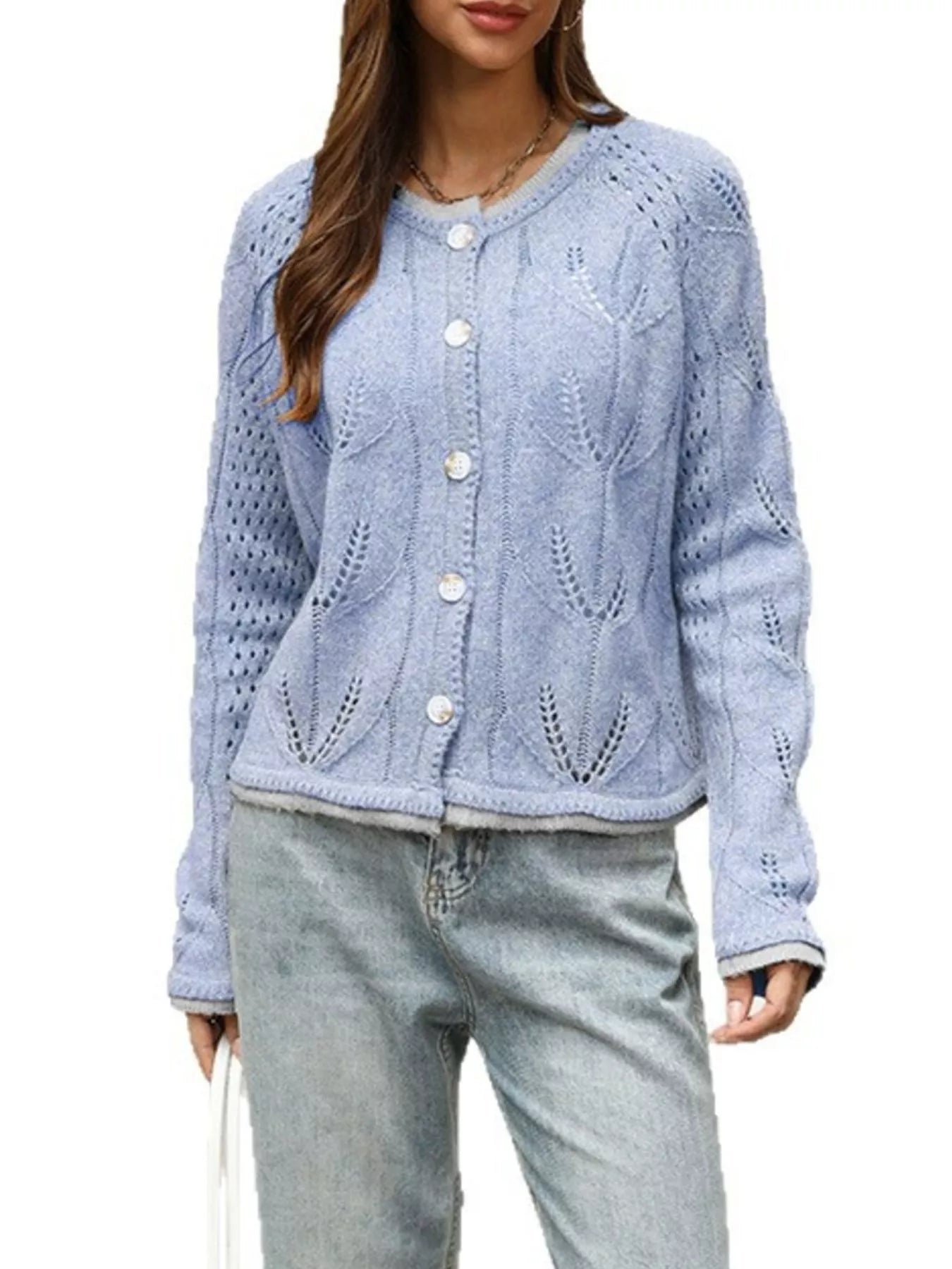 Light blue hollow out knit cardigan with leaf pattern fully buttoned