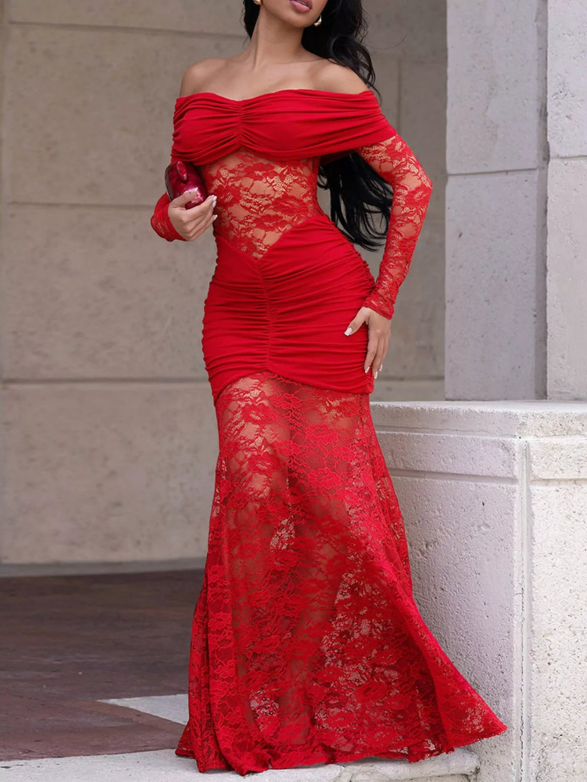 Red off shoulder ruched maxi dress with lace bodice and mermaid skirt, front view
