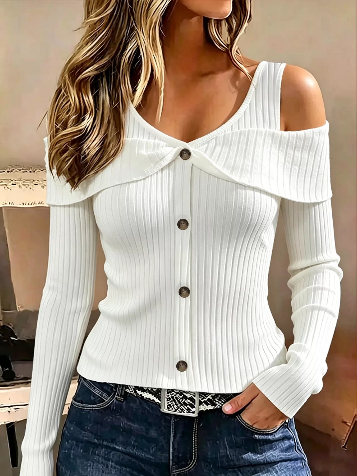 White cold shoulder ribbed knit top with foldover collar and front buttons, front view