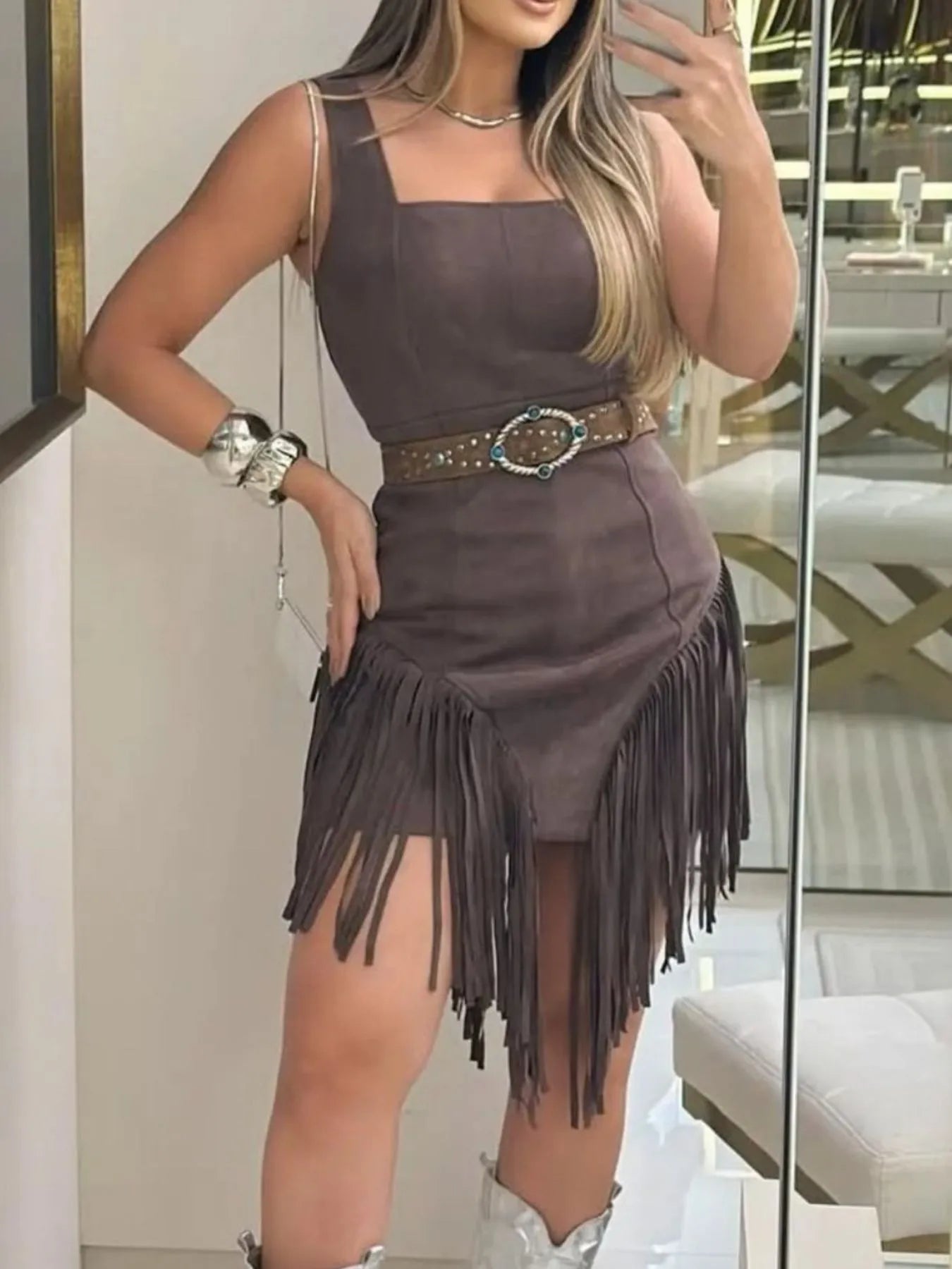 Brown fringe square neck bodycon mini dress worn on model, mirror selfie, front view