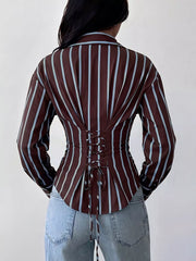 Back view of chocolate striped slim fit shirt with lace up back and long sleeves