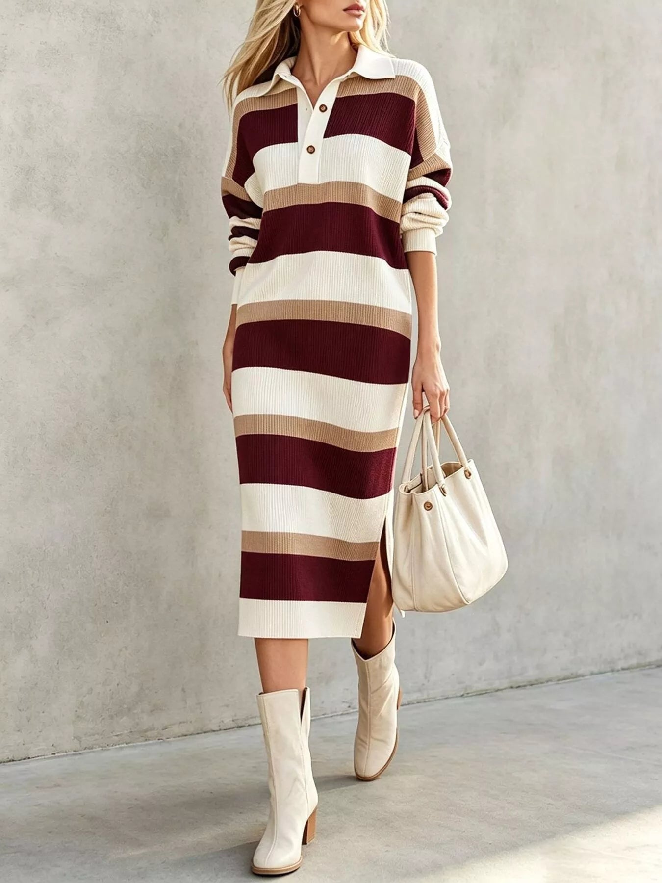 Front view of burgundy striped polo collar long sleeve sweater dress with side slit