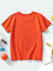 Plain back view of an orange-red children's crew neck short sleeve T-shirt, laid flat