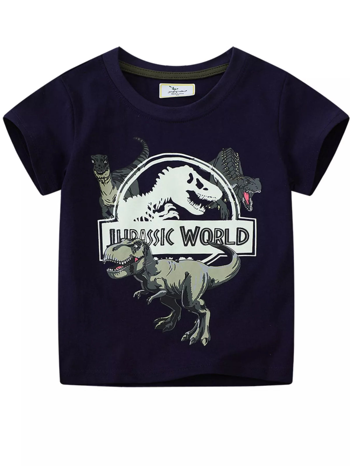 Front view of black children's short sleeve tee with dinosaur graphic and logo print