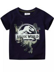 Front view of black children's short sleeve tee with dinosaur graphic and logo print