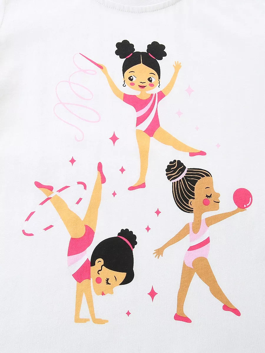 Close detail of pink gymnastics figures with ribbon hoop and ball on white children's tee