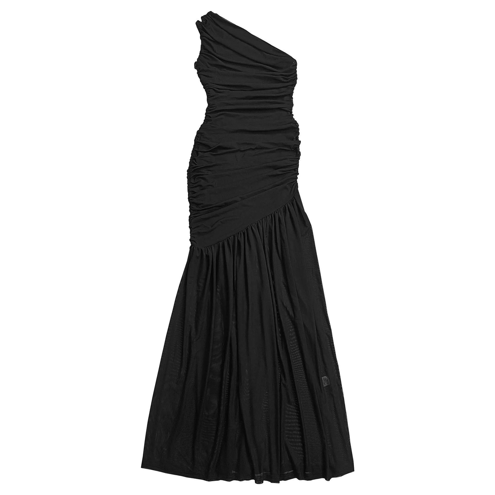 Black one shoulder ruched bodycon maxi dress, flat front view on plain background