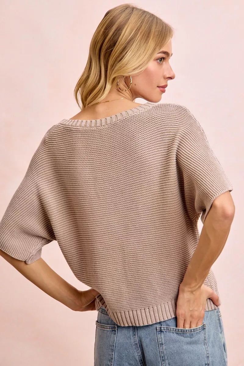 Back view of washed mocha knit top with short dolman sleeves and ribbed hem.