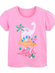 Blush pink children's short sleeve t-shirt with stacked dinosaurs and small flowers