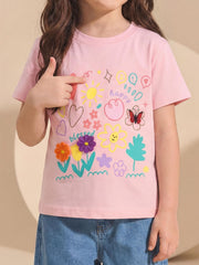 Pink children's short sleeve t-shirt shown worn, with colorful cartoon flowers, hearts, butterfly and sun print