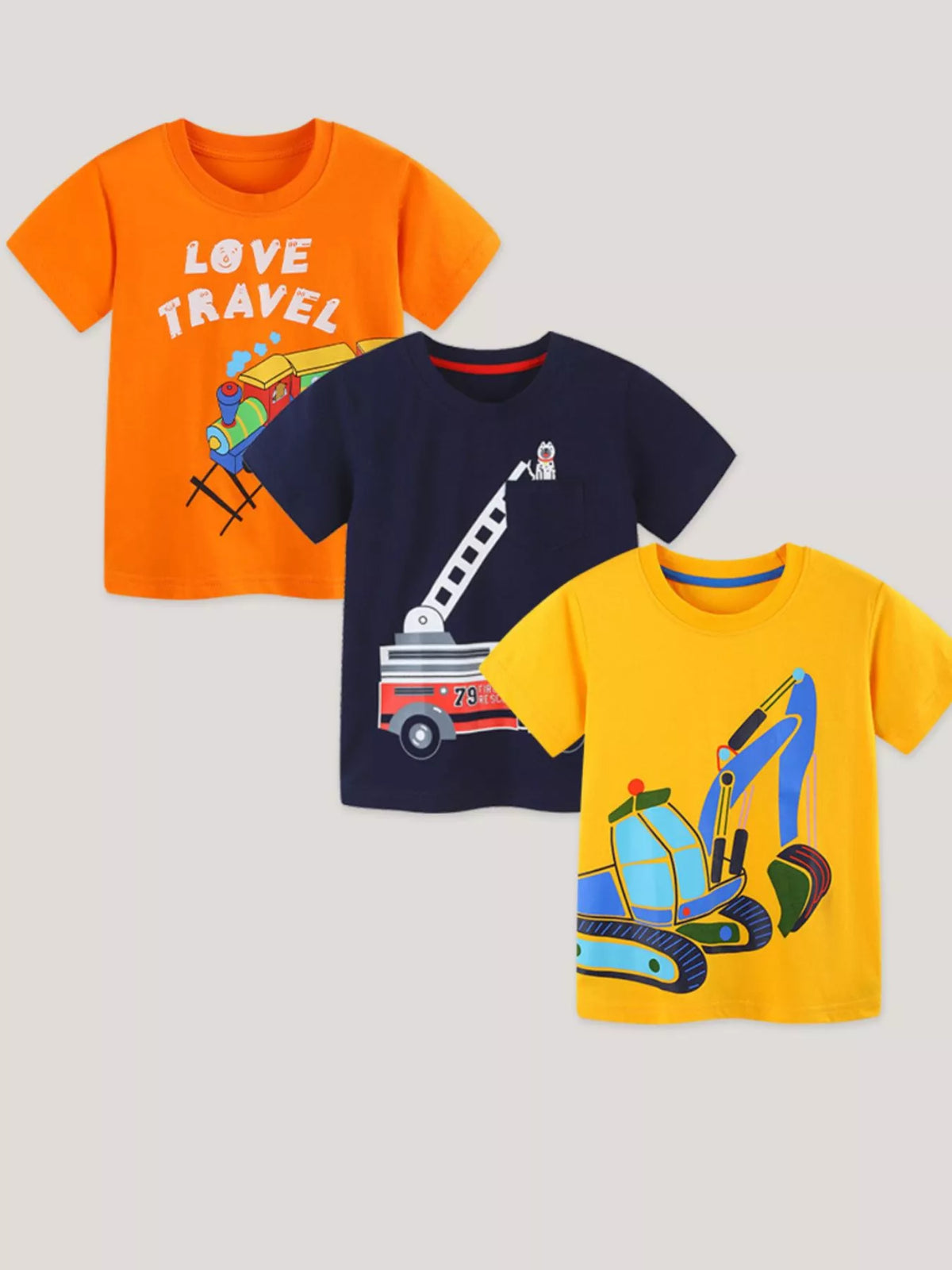 Children's multicolor crew-neck T-shirt set featuring cartoon vehicle graphics.