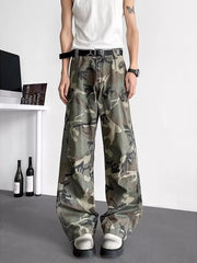 Men's green camouflage loose-fit cargo pants with a drawstring waist and pockets.