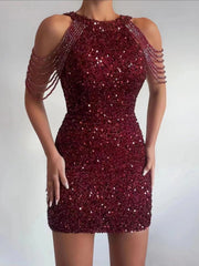 Burgundy sequin embellished plus size bodycon mini dress with beaded shoulder chains on model, front view